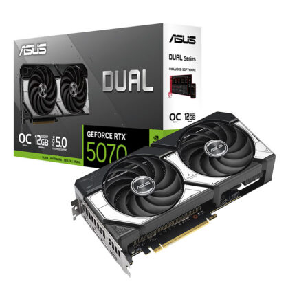 Видео карта ASUS Dual GeForce RTX 5070 12GB GDDR7 OC Edition / DUAL-RTX5070-O12G / NVIDIA Blackwell / 12GB GDDR7 / 192-bit / PCIe 5.0 / Boost 2572 MHz / 988 AI TOPS / 2x 100mm вентилатора / 249 x 126 x 50.6 mm
